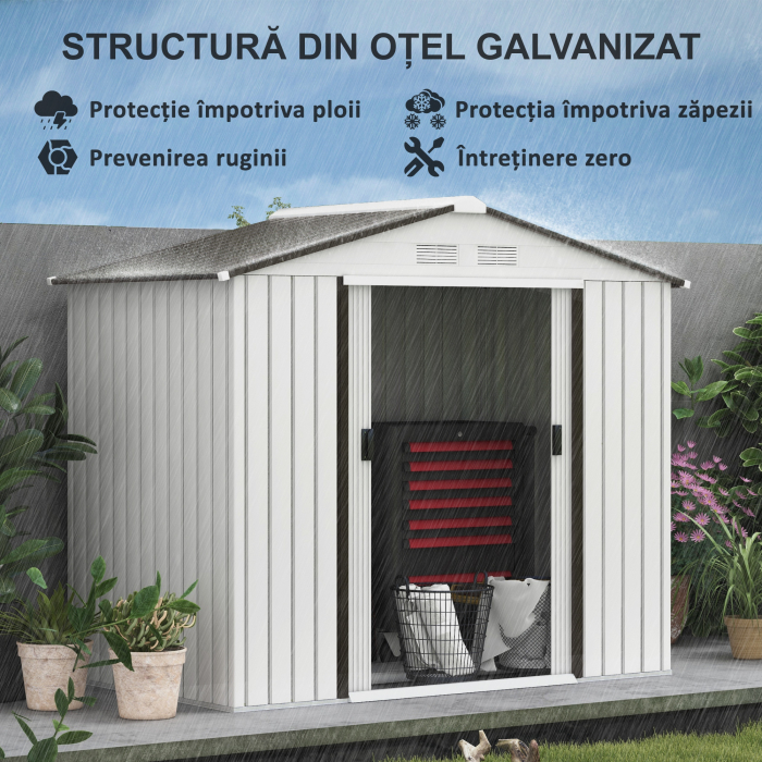  Casuta Gradina Otel Alb 213×130×185 cm - Cu Usi Glisante [5]