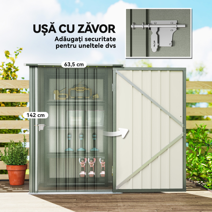  Casuta pentru Gradina 0,92m² din Otel Galvanizat, Depozit pentru Unelte cu Usa Blocabila, Acoperis inclinat, 100x104x160 cm, Argintiu [5]