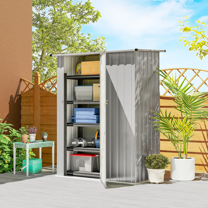 Casuta pentru Gradina 1,07m² din Otel Galvanizat, Casuta pentru Unelte cu Usa Blocabila, Acoperis inclinat, 142x86x189 cm, Argintiu [2]