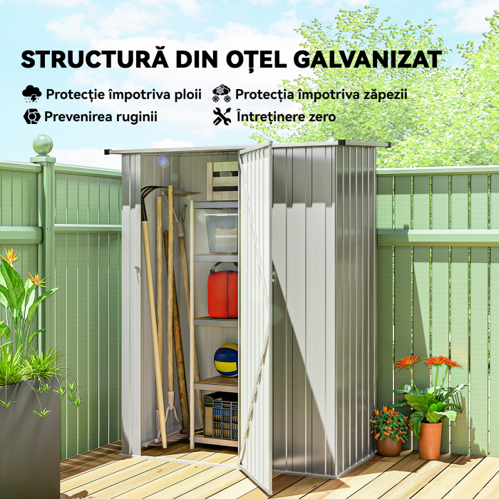  Casuta pentru Gradina 1,07m² din Otel Galvanizat, Casuta pentru Unelte cu Usa Blocabila, Acoperis inclinat, 142x86x189 cm, Argintiu [4]