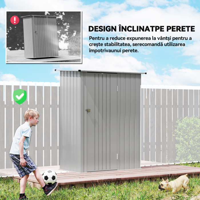  Casuta pentru Gradina 1,07m² din Otel Galvanizat, Casuta pentru Unelte cu Usa Blocabila, Acoperis inclinat, 142x86x189 cm, Argintiu [6]