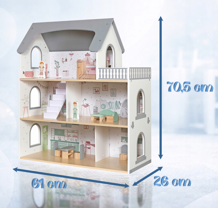 Casuta pentru papusi din lemn cu 3 niveluri, mobilier si accesorii, 61x26x71 cm, multicolor [4]