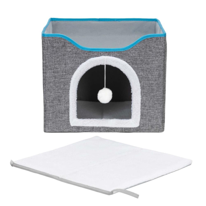 Casuta pisici platforma jucarie suspendata lemn husa textila, 42x41x34 cm, zona zgariat, gri [2]