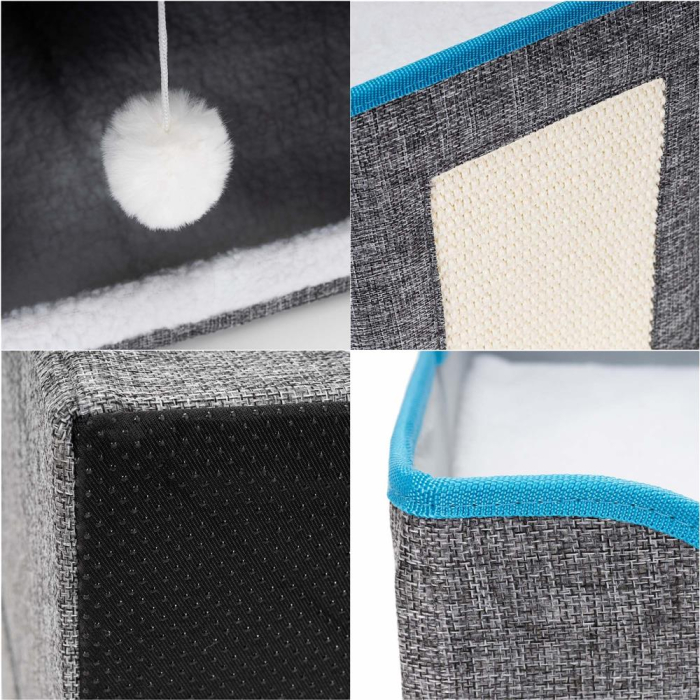 Casuta pisici platforma jucarie suspendata lemn husa textila, 42x41x34 cm, zona zgariat, gri [15]
