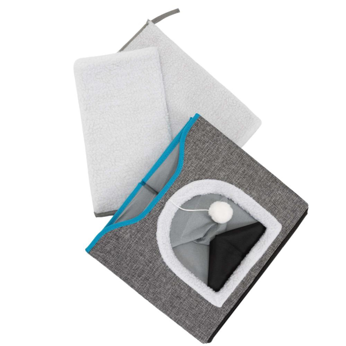 Casuta pisici platforma jucarie suspendata lemn husa textila, 42x41x34 cm, zona zgariat, gri [6]