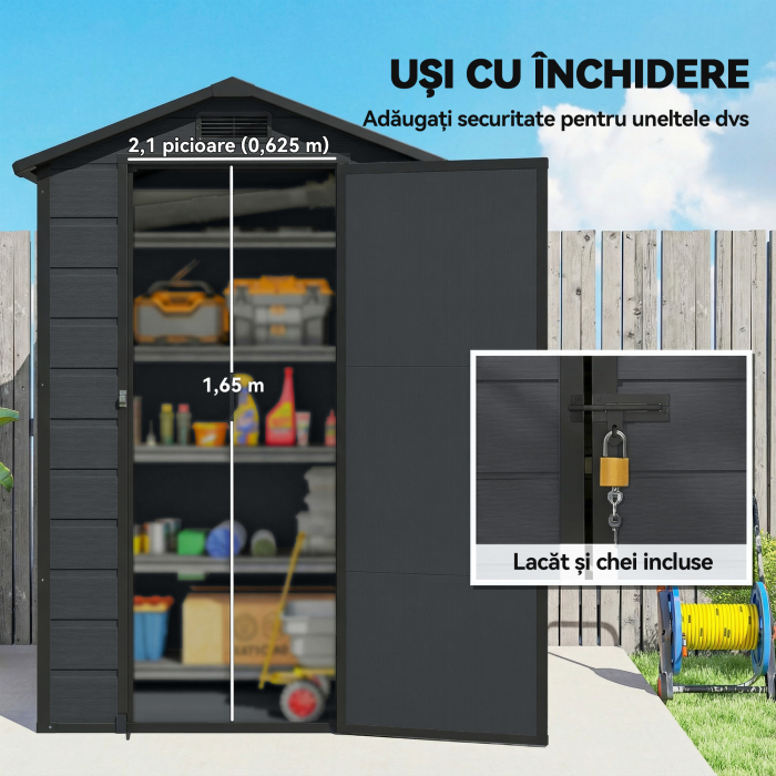  Casuta pentru Unelte cu 2 Intrari, Ferestre si Aerisiri, din PP si Aluminiu, 128x104x196 cm, Gri inchis [6]