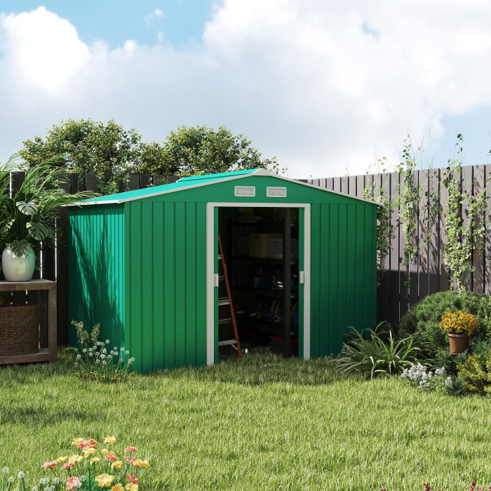  Casuta pentru unelte de gradina din metal, Magazie depozitare scule gradina, verde, 277×191×192 cm [3]