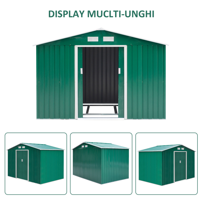  Casuta pentru unelte de gradina din metal, Magazie depozitare scule gradina, verde, 277×191×192 cm [9]