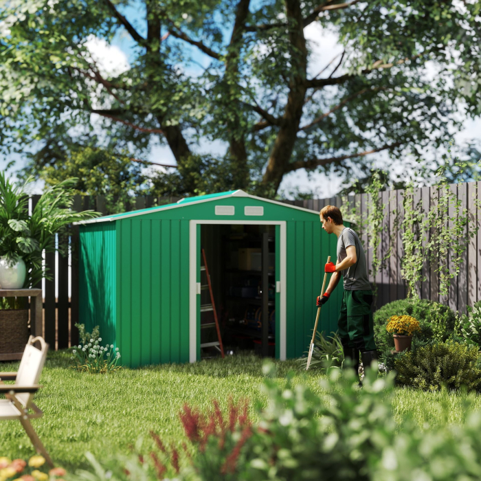  Casuta pentru unelte de gradina din metal, Magazie depozitare scule gradina, verde, 277×191×192 cm [2]