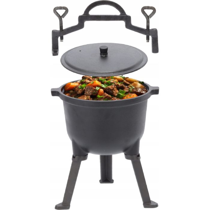 Ceaun vanatoresc din fonta, cu capac si picioare pentru gatit in aer liber, 5L, 25x42 cm, negru [3]