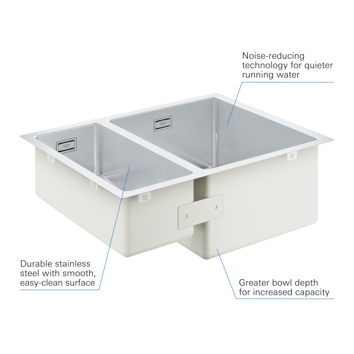 Chiuveta bucatarie Grohe 31576SD1, K700, 585 x 440 mm, montare sub/pe blat, 2 cuve, set scurgere, antifonare, inox [4]