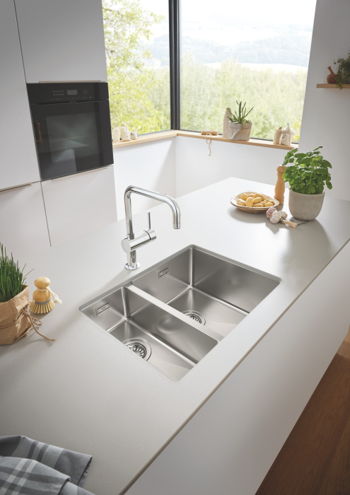 Chiuveta bucatarie Grohe 31576SD1, K700, 585 x 440 mm, montare sub/pe blat, 2 cuve, set scurgere, antifonare, inox [2]