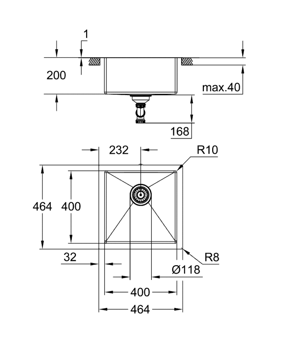 Chiuveta bucatarie Grohe 31578SD1, K700, 464 x 464 mm, pe blat, 1 cuva, ventil, crom [5]
