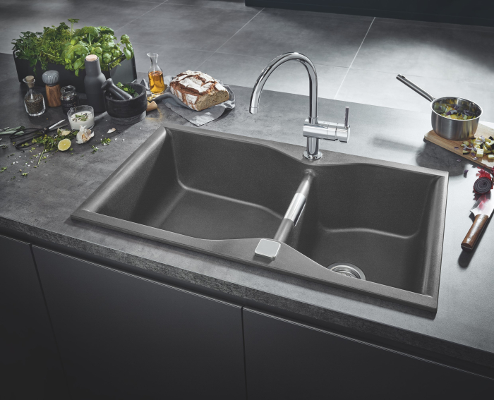 Chiuveta bucatarie Quartz Grohe 31658AT0, K700, 900 x 500 mm, 2 cuve, pe blat, evacuare, antracit [2]