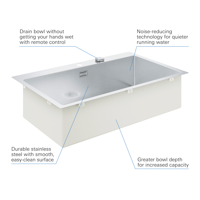 Chiuveta de bucatarie Grohe 31584SD1, K800, montare in/pe blat, 846 x 510 mm, 1 cuva, evacuare automata, inox satinat [3]