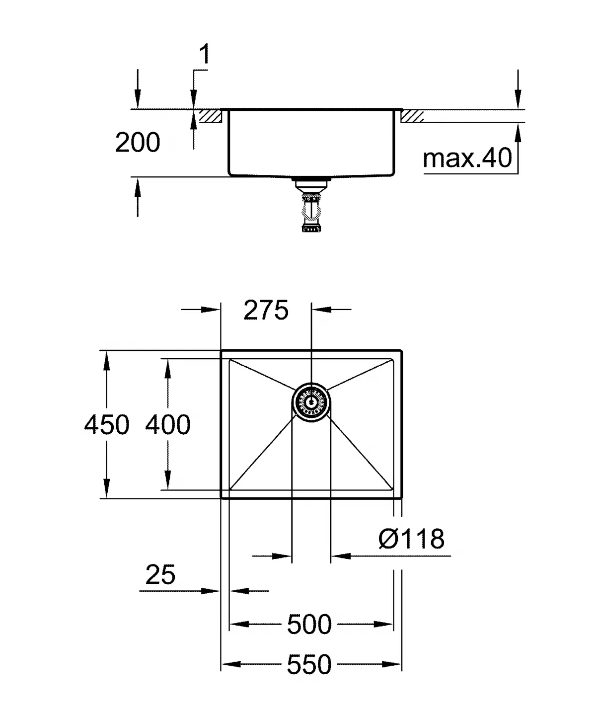 Chiuveta din otel inoxidabil Grohe K700 31726SD0, 550 x 450 mm, 1 cuva, montare sub, pe sau in blat, inox satinat [6]