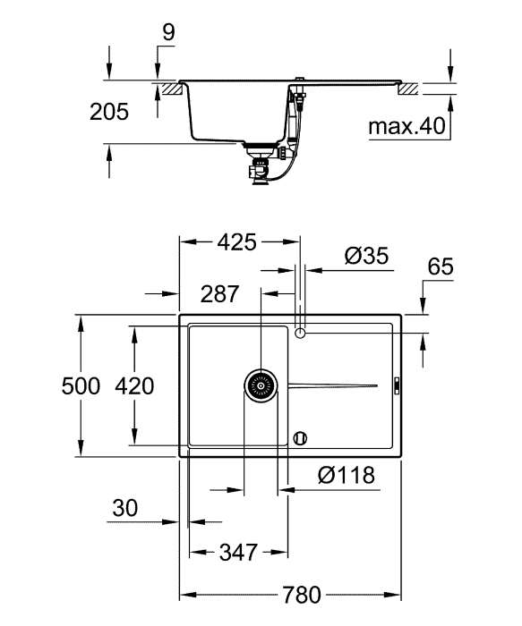 Chiuveta Quartz composite Grohe 31639AP0, K400, 780 x 500 mm, reversibil, montare pe blat, evacuare automata [6]