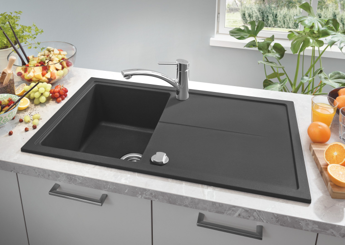 Chiuveta Quartz composite Grohe 31640AP0, K400, 860 x 500 mm, pe blat, reversibila, ventil, negru [2]