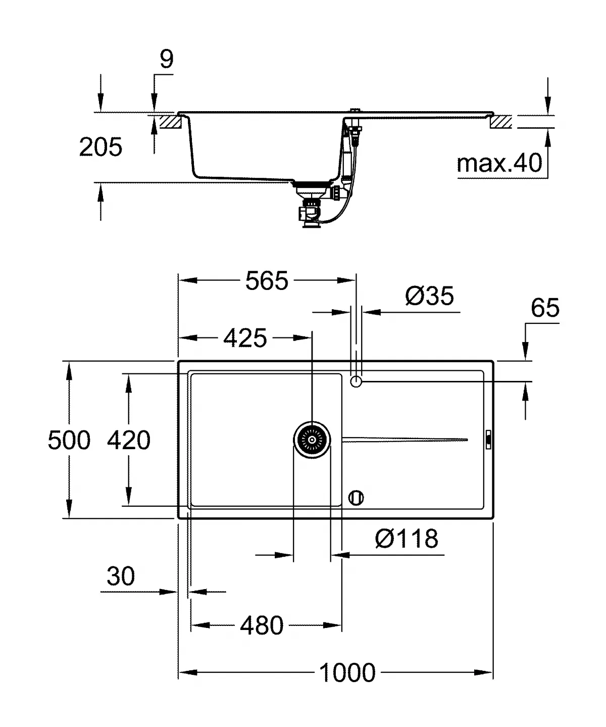 Chiuveta Quartz composite Grohe K400 31641AP0, 1000 x 500 mm, reversibil, montare pe blat, evacuare, negru [4]