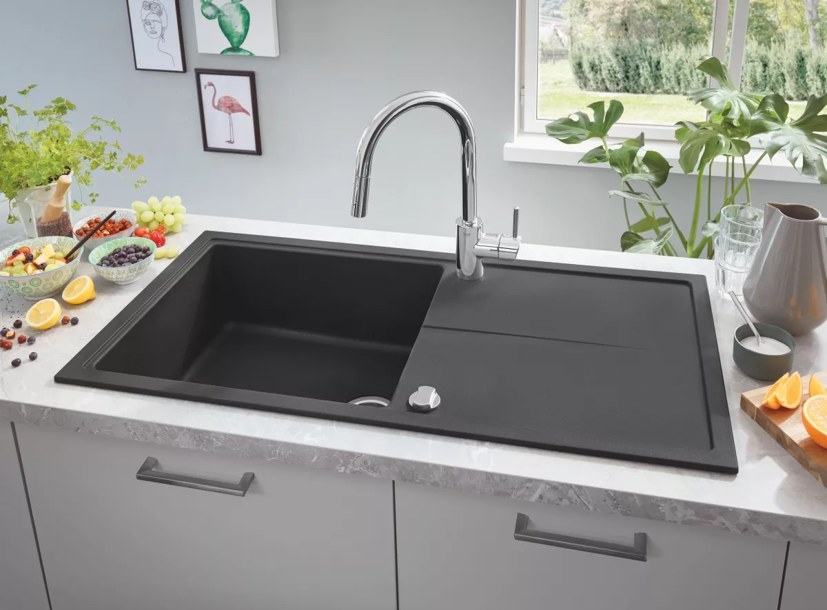 Chiuveta Quartz composite Grohe K400 31641AP0, 1000 x 500 mm, reversibil, montare pe blat, evacuare, negru [2]