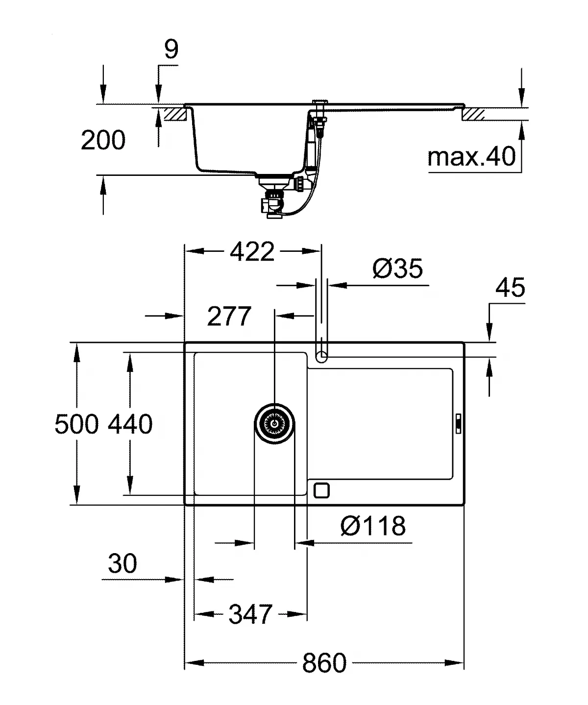 Chiuveta Quartz composite Grohe K500 31644AP0, 860 x 500 mm, montare pe blat, evacuare, negru [9]