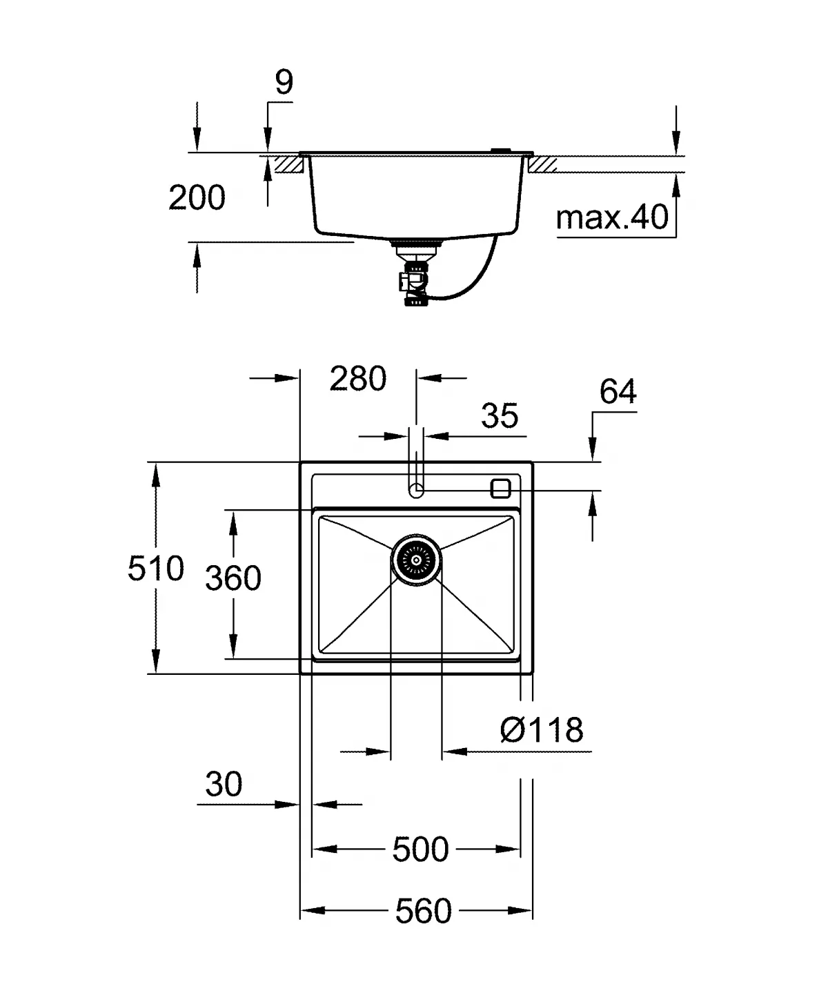 Chiuveta Quartz composite Grohe K700 31651AP0, 560 x 510 mm, montare pe blat, evacuare automata, Kit montaj si evacuare, Negru [4]