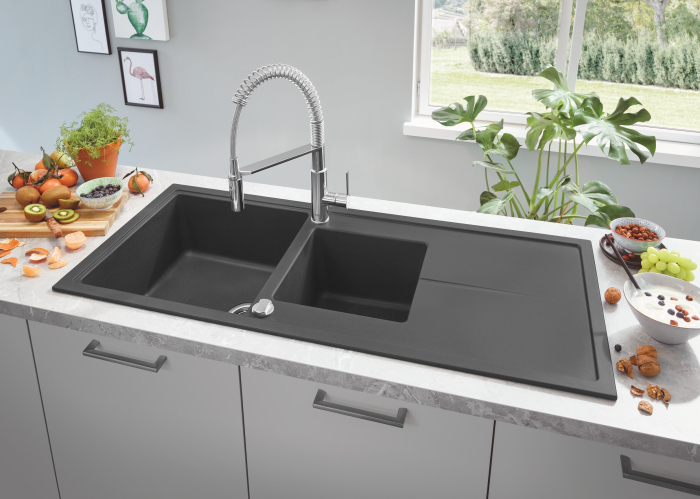 Chiuveta Quartz Grohe 31643AP0, K400, 1160 x 500 mm, 2 boluri, montare pe blat, evacuare, negru [2]