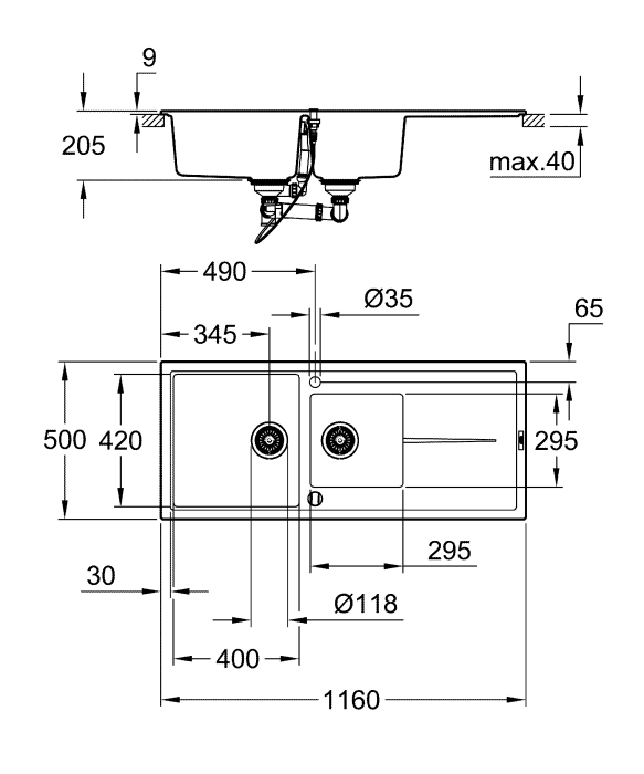 Chiuveta Quartz Grohe 31643AP0, K400, 1160 x 500 mm, 2 boluri, montare pe blat, evacuare, negru [4]