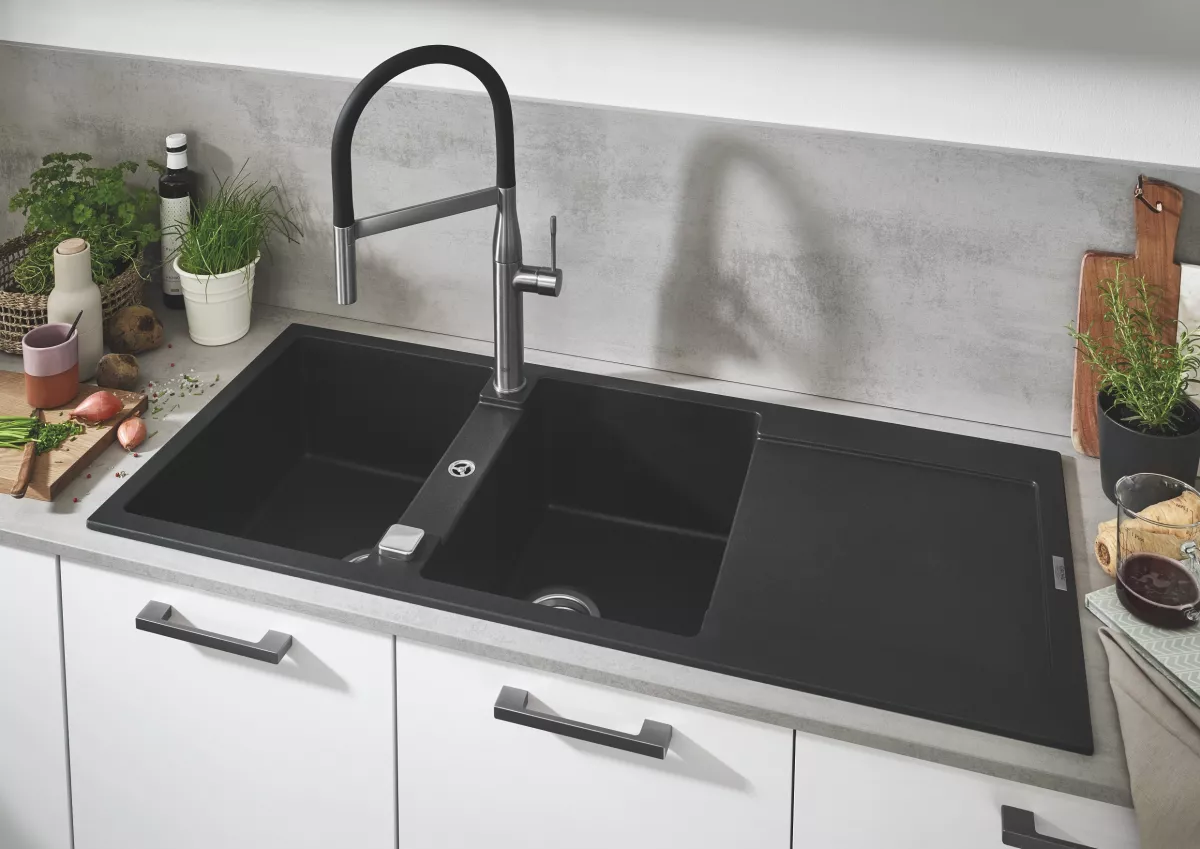 Chiuveta Quartz Grohe K500 31647AP0, 1160 x 500 mm, pe blat, evacuare, negru [2]
