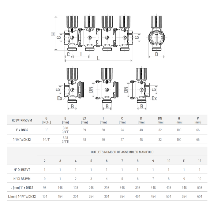 Set colector modular Giacomini R53VTY006, cu robinete de inchidere manuale, racord G1” x DN32 x B.18, pentru instalatii incalzire si racire [4]