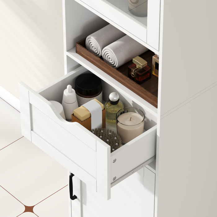  Coloana Baie din Lemn cu 2 Dulapuri, Sertar si Raft Deschis, 40x30x165 cm, Alb [9]