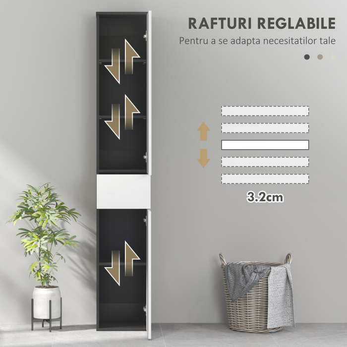  Coloana de baie economisitoare de spatiu din lemn cu 2 dulapuri si sertar, 30x28x180 cm, negru [5]