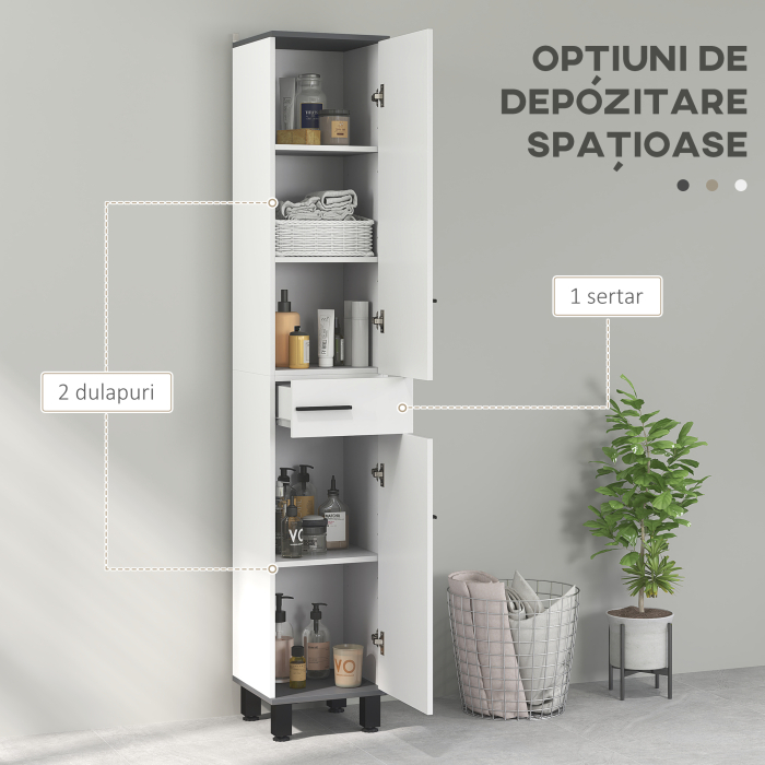  Coloana de Baie Moderna cu Sertar, 2 Dulapuri, 2 Usi si Rafturi Reglabile, Mobilier de Baie, 34x34x190 cm, Alb [4]