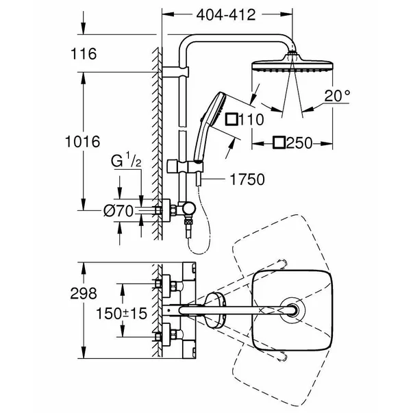 Coloana de dus cu baterie termostatata Grohe Vitalio Start Cube 250 crom lucios [2]