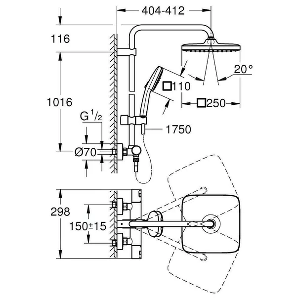 Coloana de dus cu baterie termostatata negru mat Grohe Vitalio 250 Cube [2]