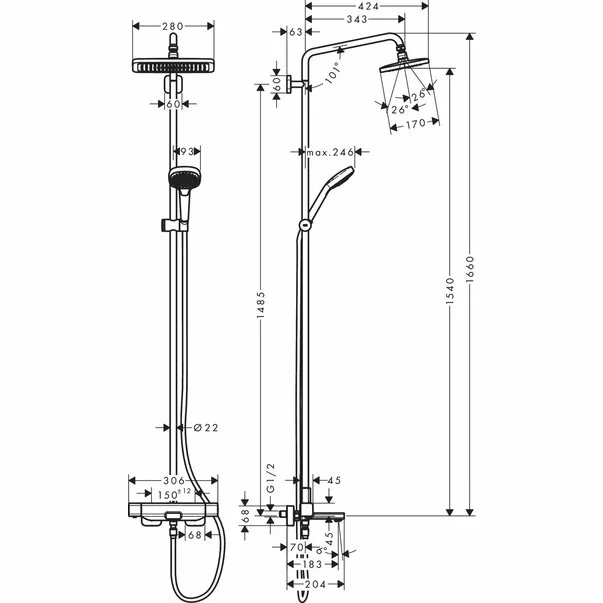 Coloana de dus cu baterie termostatata si pipa cada Hansgrohe Croma E 280 [2]