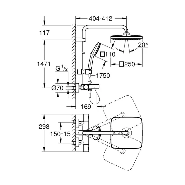 Coloana de dus cu termostat Grohe Tempesta 250 Cube finisaj crom lucios [2]
