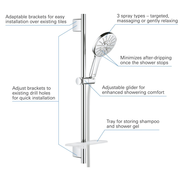 Coloana de dus Grohe 26575000, dus SmartActive 130, montaj aparent, numar functii para dus 3, lungime furtun m 1.5, crom [5]