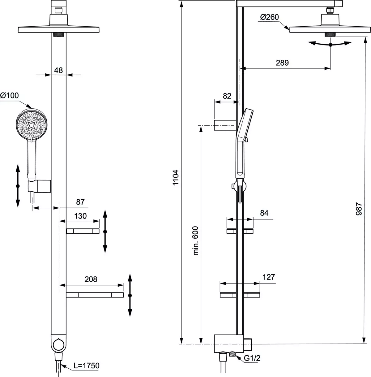 Coloana de dus Ideal Standard Alu+, 1100 mm, dus fix 260 mm, 1 functie, mat, crom, BD585SI [9]