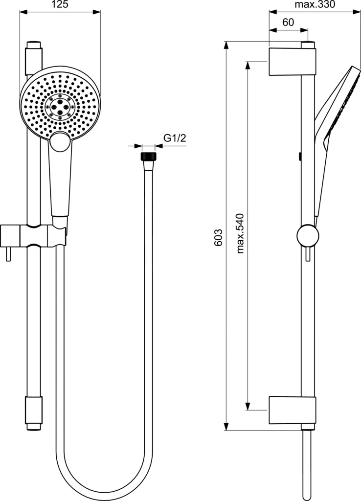 Coloana de dus Ideal Standard EvoJet B1761, universal, aparent, 600 mm, para 125 mm, furtun 1.75 m, 3 functii, culisanta, crom [2]