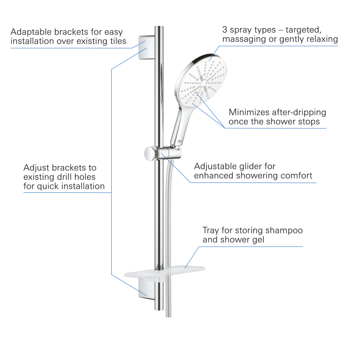 Coloana dus Grohe 26592LS0, SmartActive 150, 600 mm, 3 functii, etajera, crom [5]