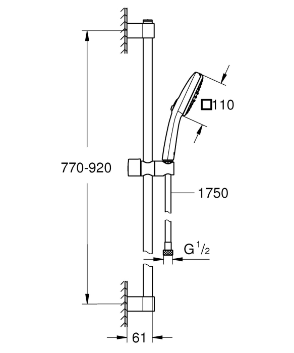 Coloana dus Grohe 26908003, 1.75 m, 110 mm, 900 mm, 2 functii para dus, 1/2 conexiune furtun, conexiune universala, Crom [8]