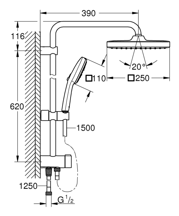Coloana dus Grohe 269772431, 1.5 m, 110 mm, 736 mm, 250 mm, 3 functii para dus, 1/2 conexiune furtun, Negru [6]