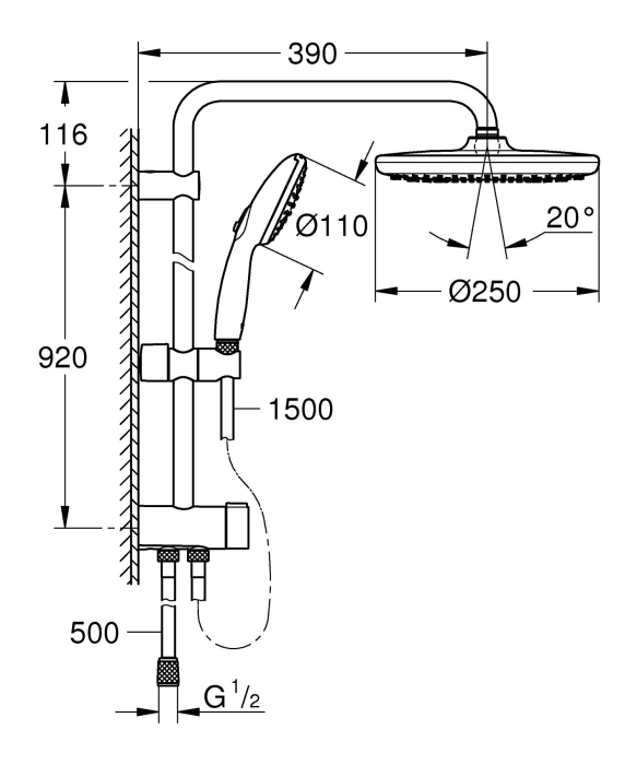 Coloana dus Grohe 26979001, 1.5 m, 110 mm, 1136 mm, 250 mm, 2 functii para dus, 1/2 conexiune furtun, Crom [7]