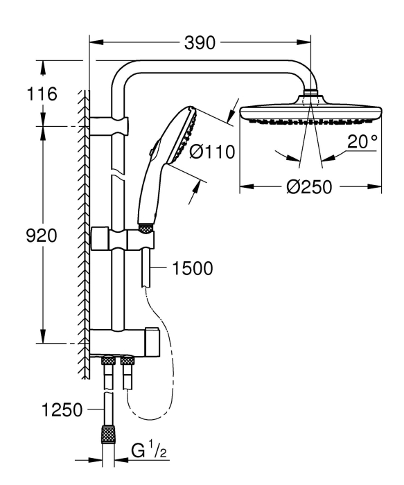 Coloana dus Grohe 26989001, 1.5 m, 110 mm, 1136 mm, 250 mm, 2 functii para dus, 1/2 conexiune furtun, Crom [18]
