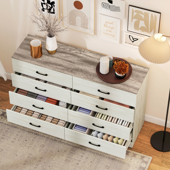  Comoda 8 Sertare Moderna din Lemn, 140x40x86 cm, Nuc si Gri Deschis [8]