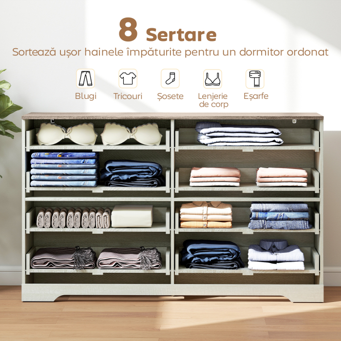  Comoda 8 Sertare Moderna din Lemn, 140x40x86 cm, Nuc si Gri Deschis [4]