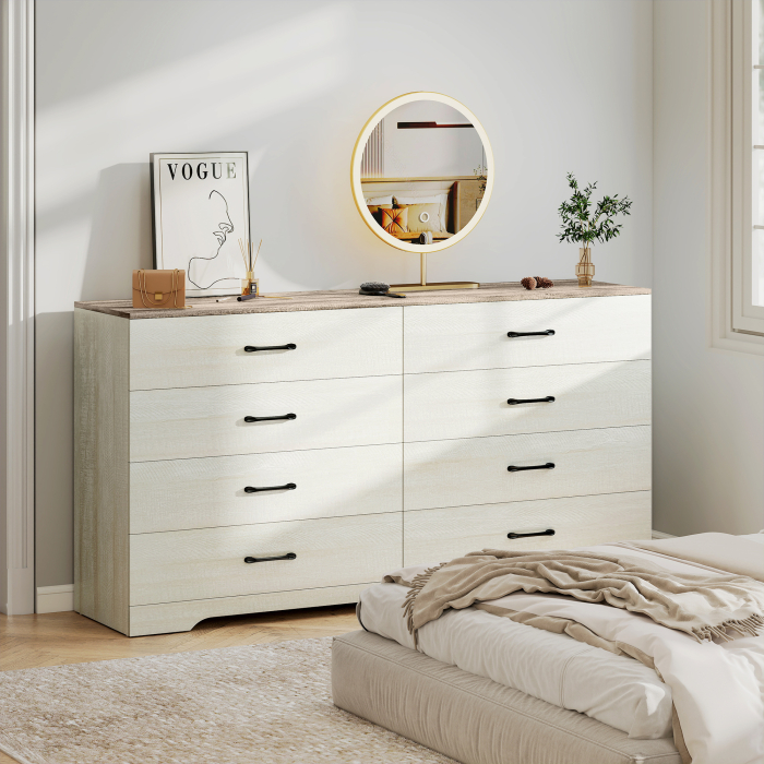  Comoda 8 Sertare Moderna din Lemn, 140x40x86 cm, Nuc si Gri Deschis [2]