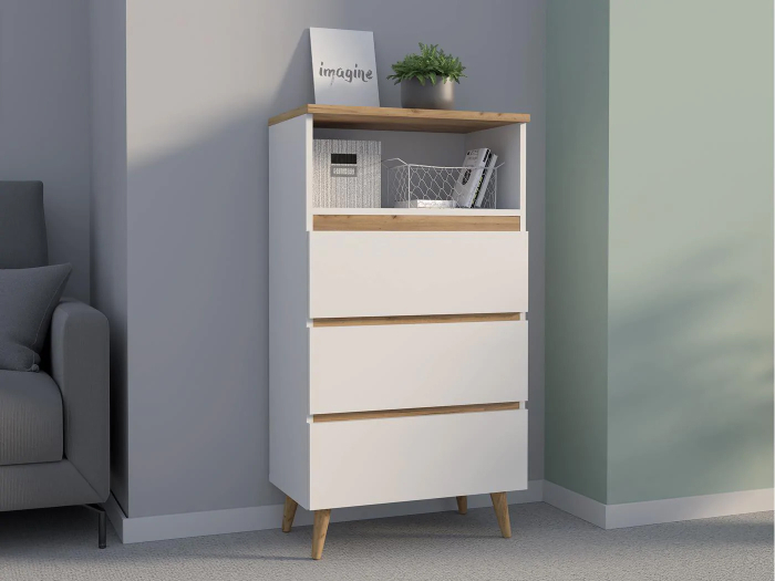 Comoda biblioteca Norge 03 cu 3 sertare si raft deschis, 65x37x119 cm, alb si stejar craft [2]