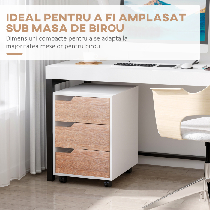  Comoda Birou - 3 Sertare, Roti, Alb si Lemn [4]